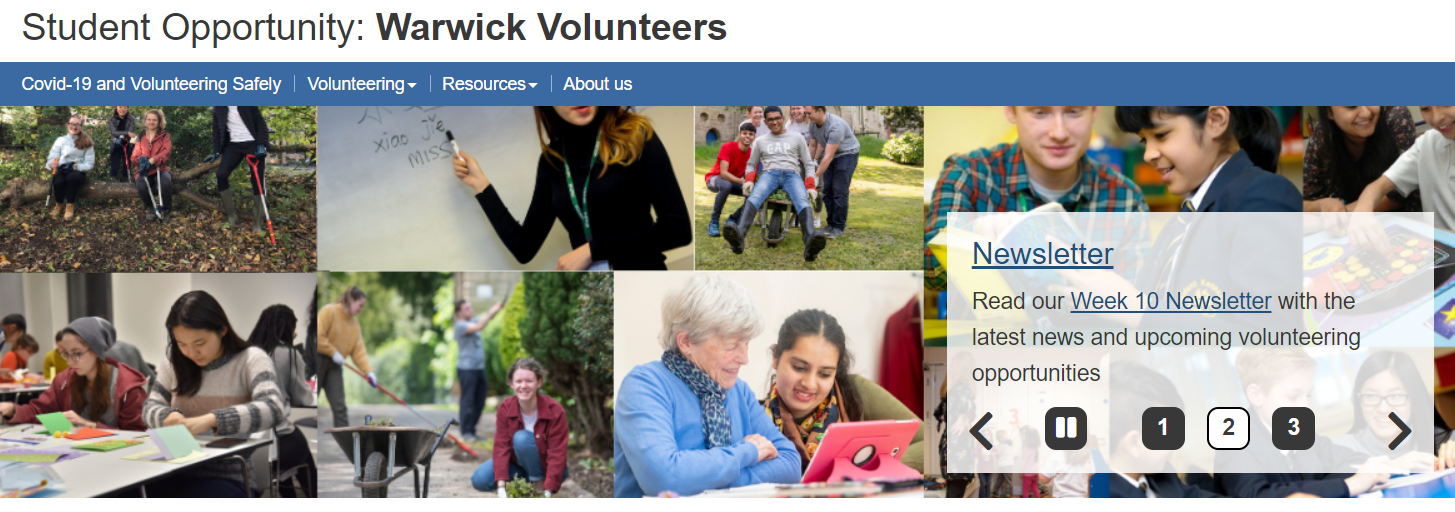 Warwick University Volunteers web page banner promoting student opportunities