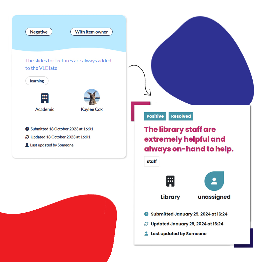 An example of two MSL Student Feedback Module cards. One has been modified to better reflect the branding